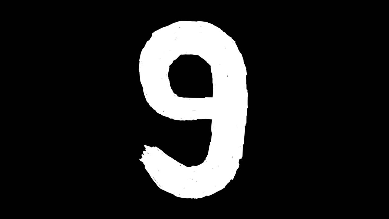 Numero nove animato disegnato a mano su sfondo nero