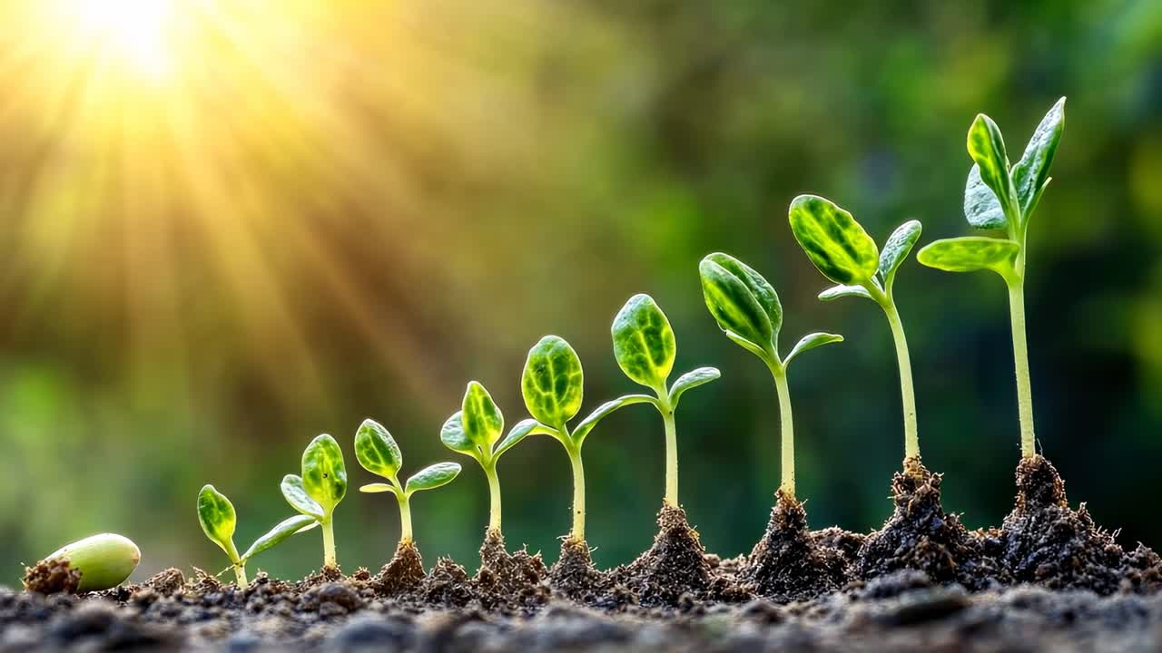 Time-lapse video concept of plant growth, captured from a low angle, showcasing vibrant seedlings