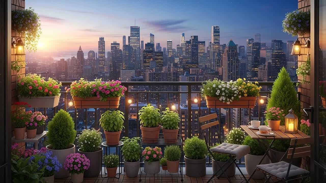 A Stunning Urban Balcony Garden Overlooking a Vibrant City Skyline at Sunset, Blending Nature with City Life in a Breathtaking Scene