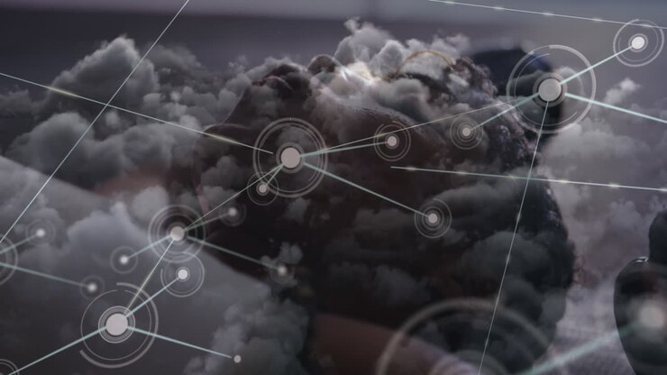Animation of connected dots and dark clouds over tired african american woman lying in gym