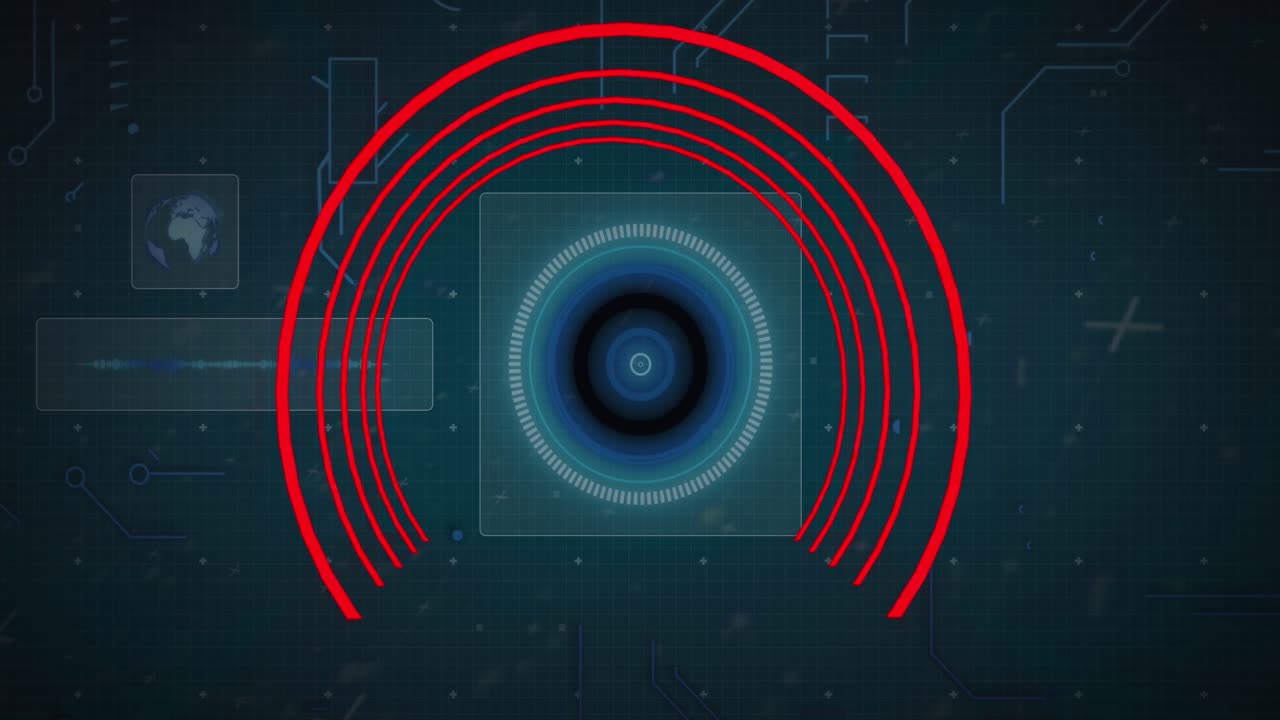 Animation of qr code in circular tunnel, globe, circuit board pattern against abstract background