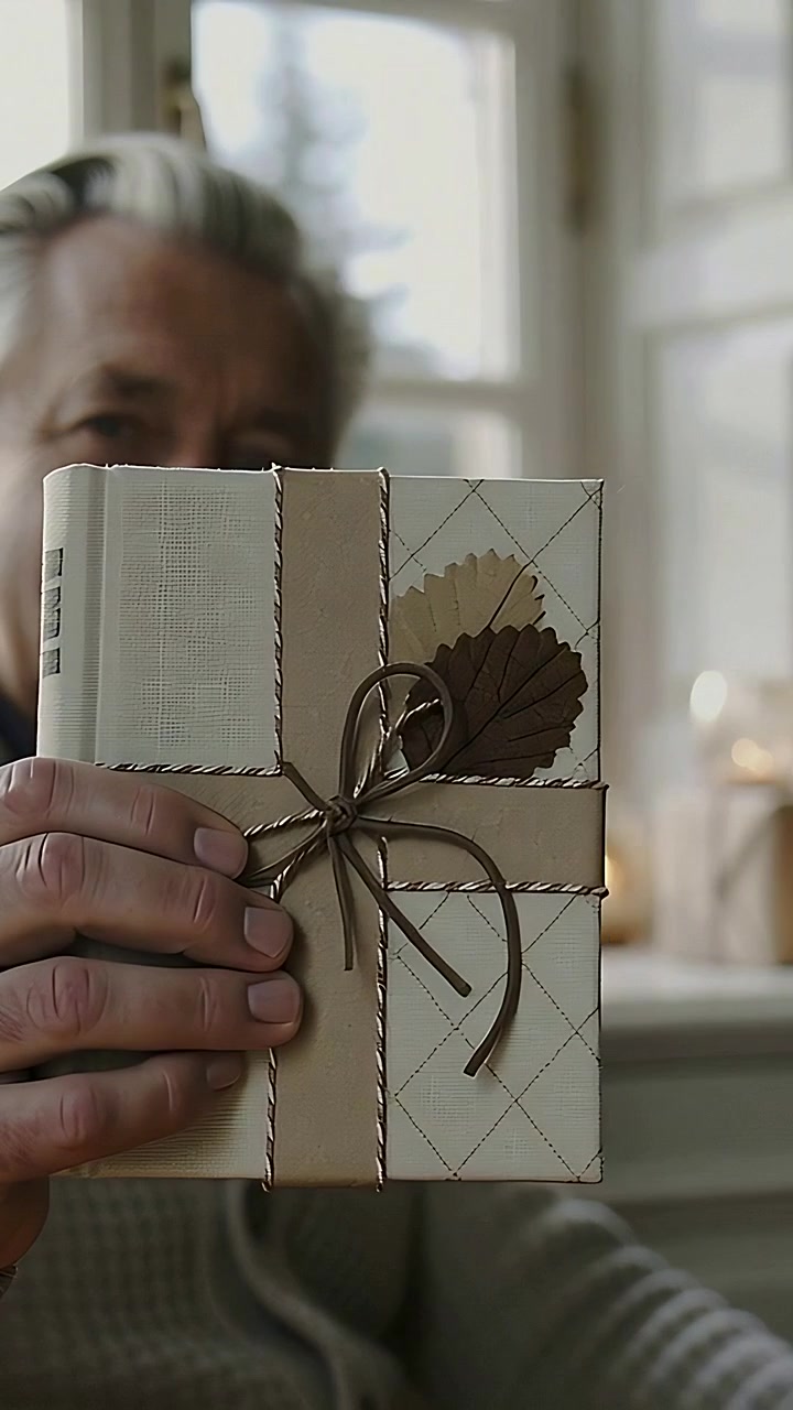 Vertical video: Lifting senior man gray cardigan offering wrapped gift at window, showing twine bow