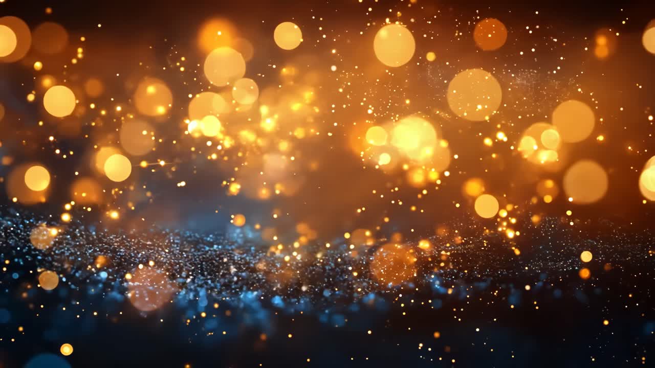 A bright orange and blue background with many small, bright, sparkling dots. The dots are scattered throughout the background, creating a sense of movement and energy. Scene is lively and dynamic
