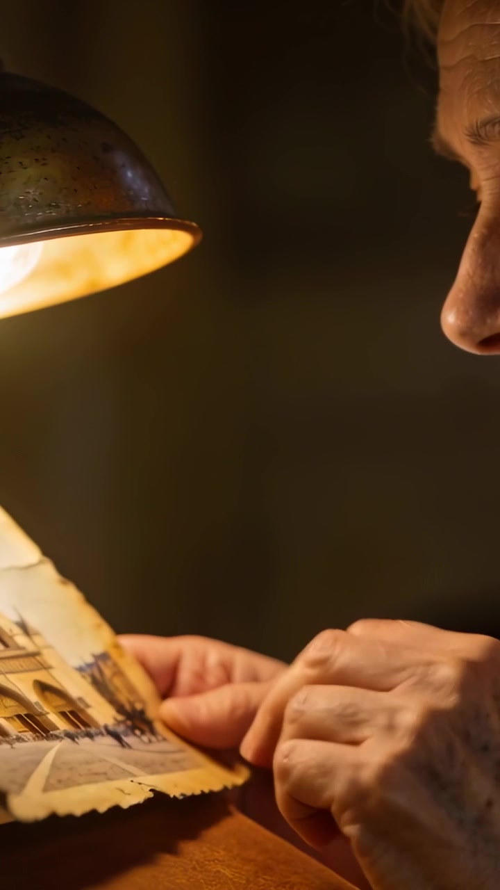 Vertikal video: Varm lampe belyser en mand, der inspicerer et revnet print ved et studiebord og studerer detaljer