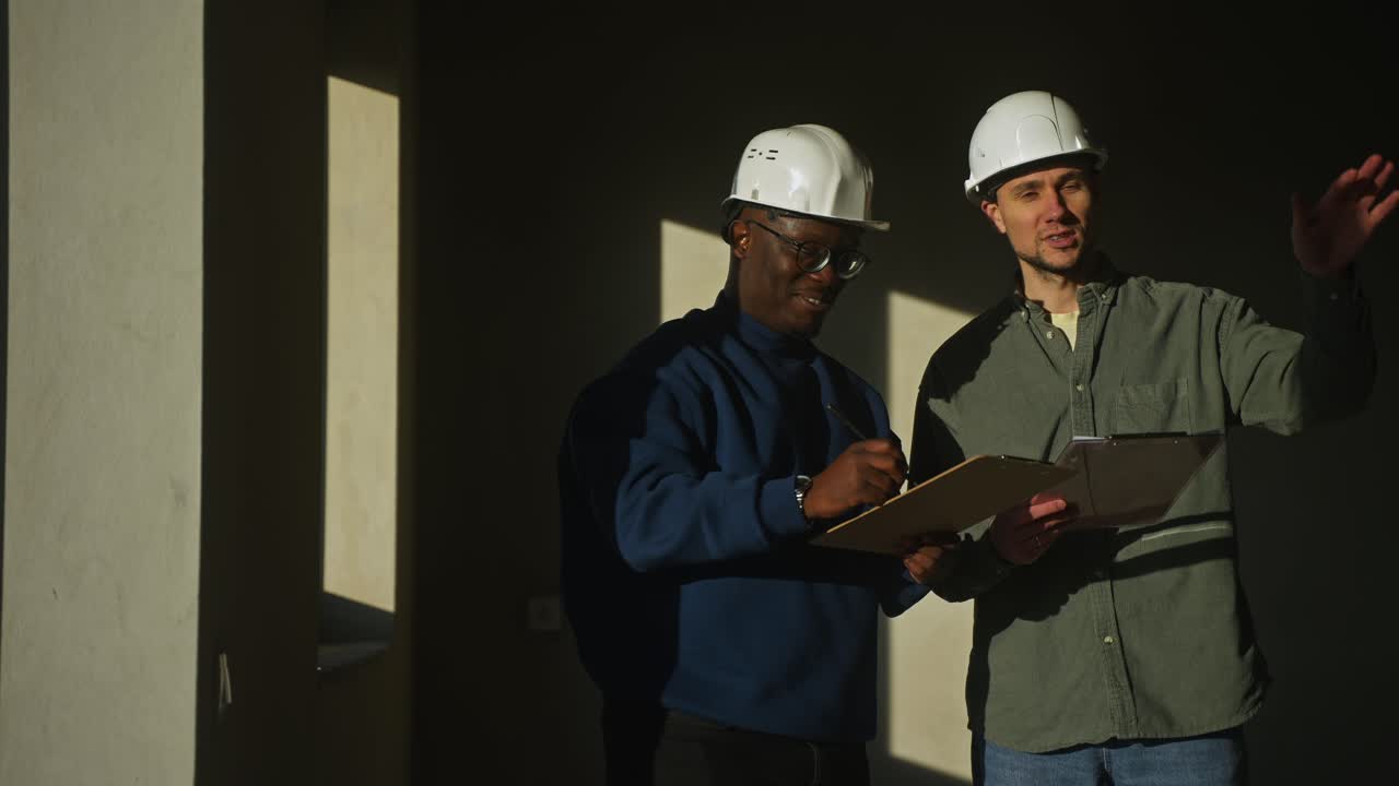 Construction Workers Discussing Plans on Site