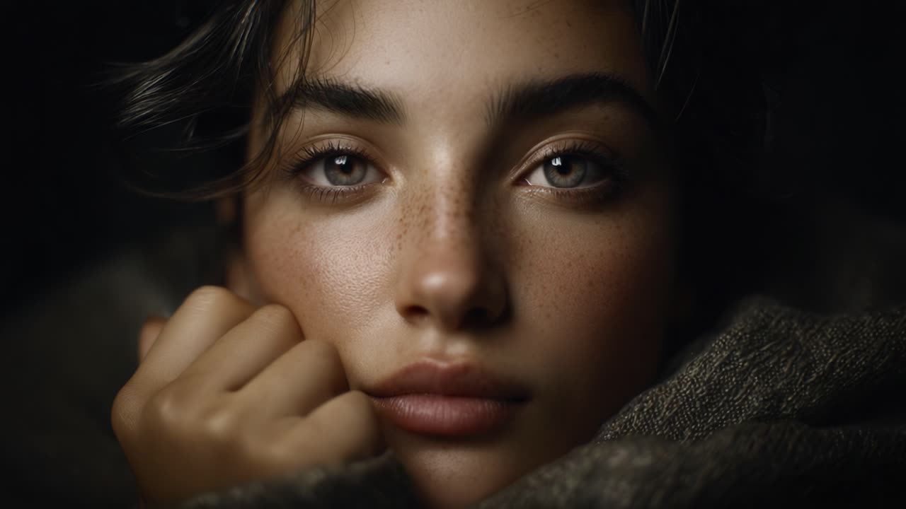 Close-Up Portrait of a Thoughtful Young Woman with Freckles and Mesmerizing Eyes, Capturing Emotion and Depth in Soft Lighting