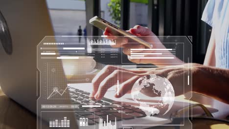 animación del procesamiento de datos sobre una mujer de negocios caucásica que usa una computadora portátil