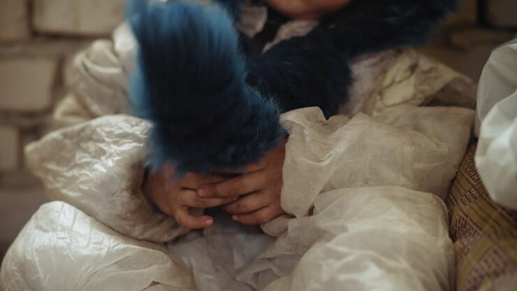 Primo piano delle piccole mani di un bambino che stringono un cappuccio di pelliccia blu mentre è avvolto in un cappotto spesso e spiegazzato; le texture calde contrastano con l'atmosfera fredda, evidenziando innocenza e difficoltà.