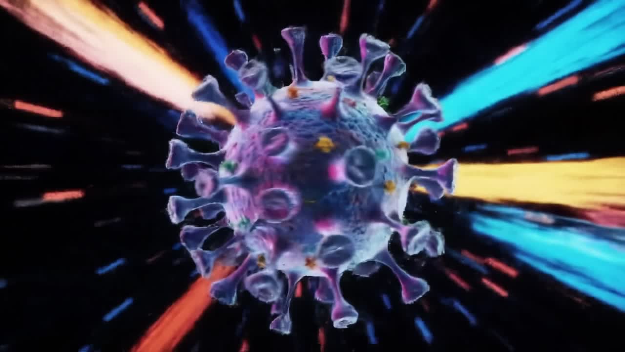 Dynamic Visualization of a Virus Particle in Motion, Showcasing Its Structure and Surrounding Energy Waves, Emphasizing the Complexity of Microbial Life in a High-Tech Environment