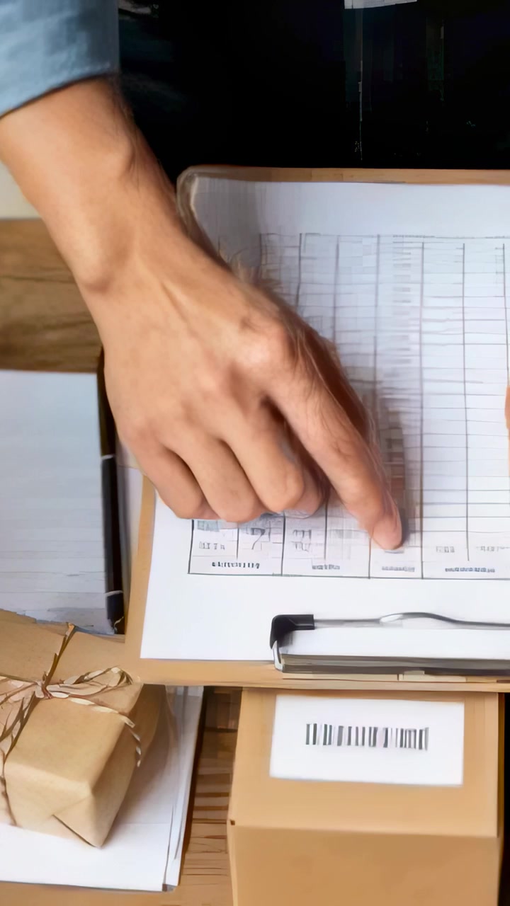 Vertical video: Placing clipboard, man in denim shirt tracing checklist on table, verifying box