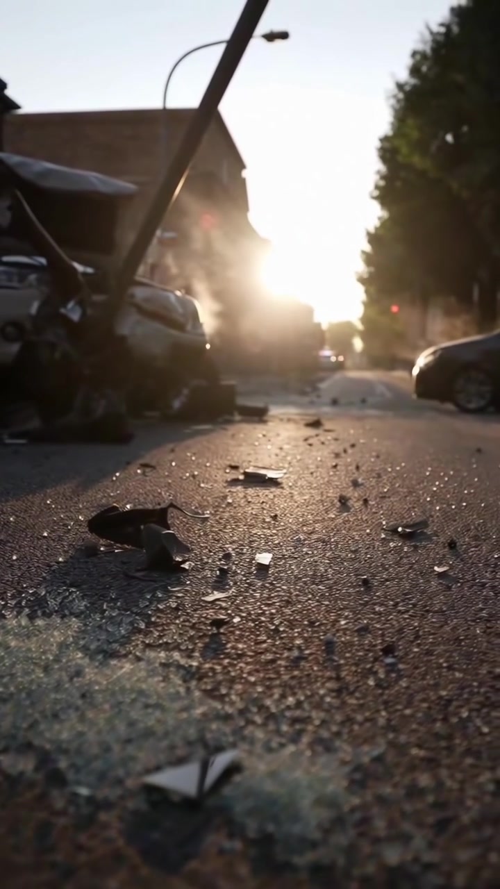 Scena di incidente automobilistico con detriti su strada cittadina