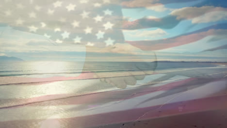 Digitale-Komposition-Aus-Schwenkbarer-US-Flagge-über-Geschäftsleuten,-Die-Sich-Am-Strand-Die-Hände-Schütteln