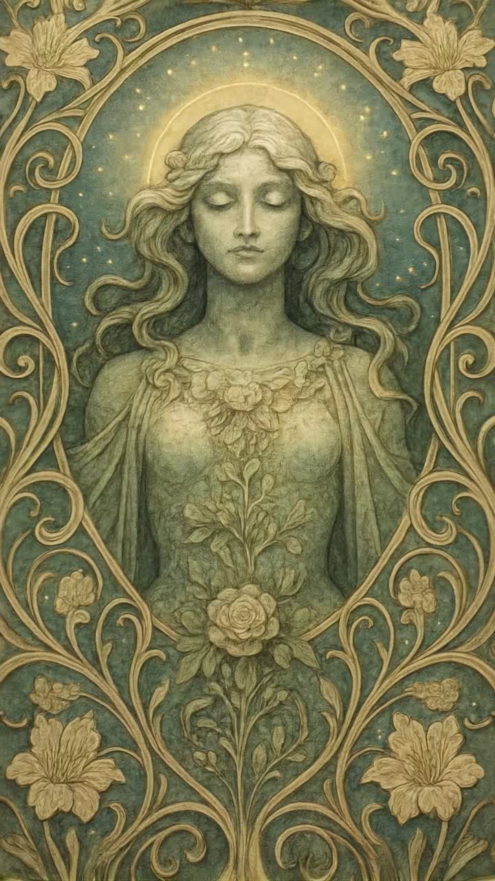 Art Nouveau-stijl illustratie van een serene vrouw met bloemmotieven, vastgelegd vanuit een vooraanzicht