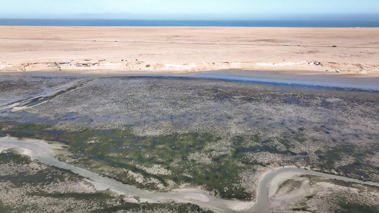 Drone luftfoto af forgrenede tidevandskanaler, der krydser tidevandsvådområderne i Dakhla-lagunen, og viser det dynamiske kystøkosystem, hvor Marokkos Atlantiske Sahara møder Atlanterhavet.