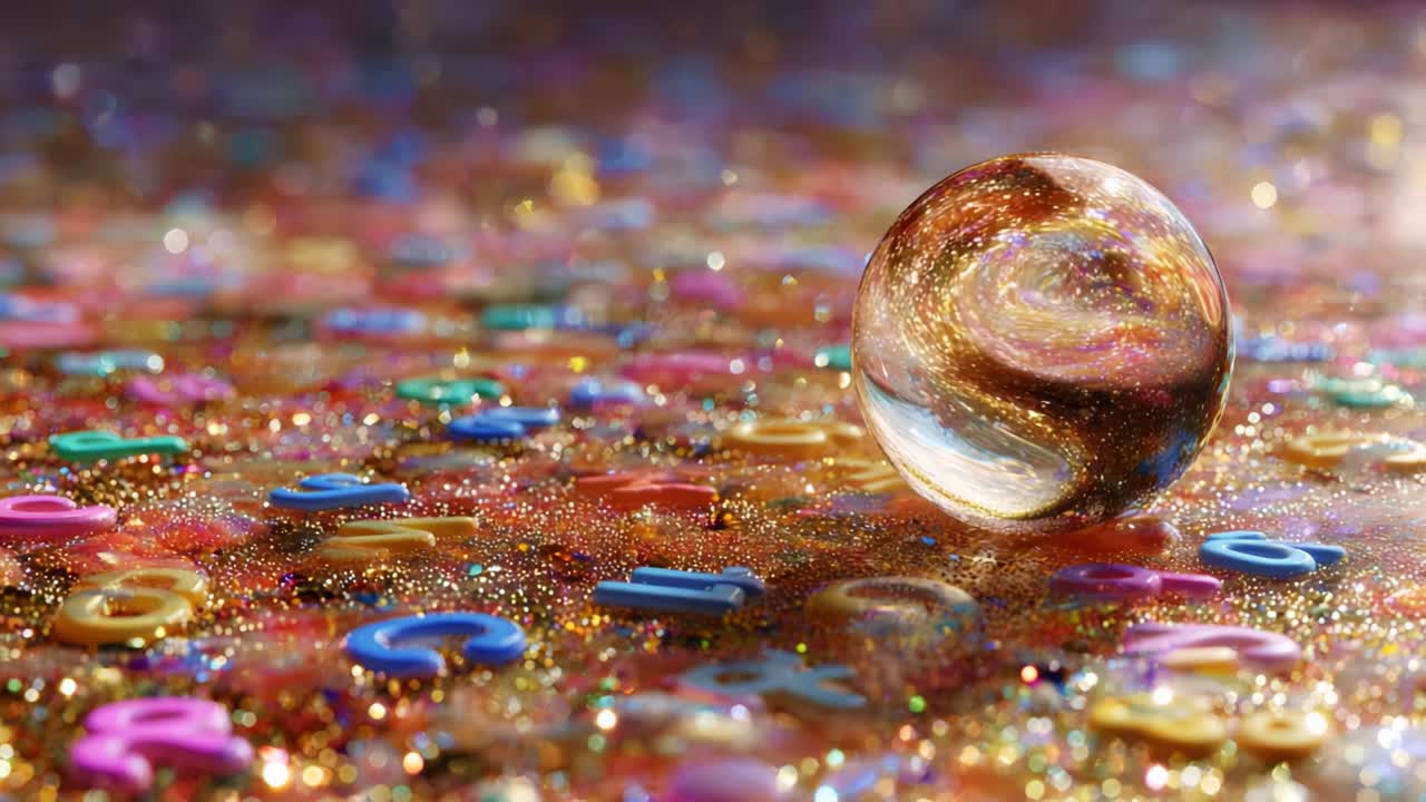 A mesmerizing glass orb resting atop a vibrant, glittering surface scattered with colorful letters and playful symbols, creating an enchanting display of light and texture