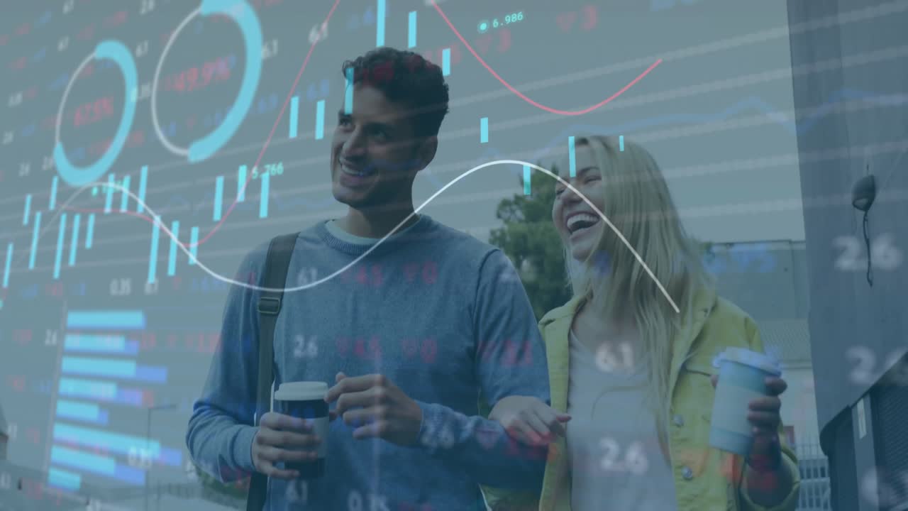 Finance chart overlay fading in demonstrating data guiding couple walking arm-in-arm holding coffee