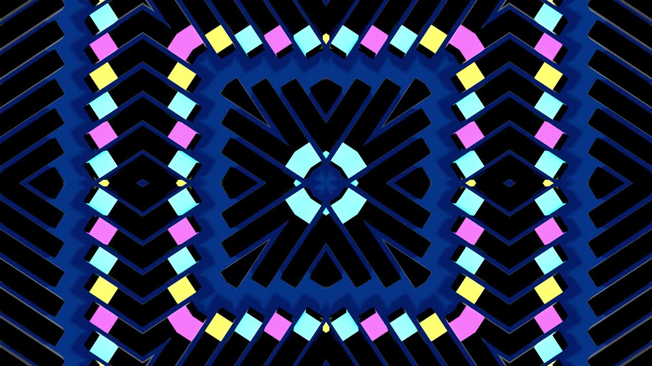 4k abstract looped background with symmetrical square structures of many elements, lighting bulbs, multicolor neon lights. Vj loop for music, festive show or holiday events, festivals or concerts.