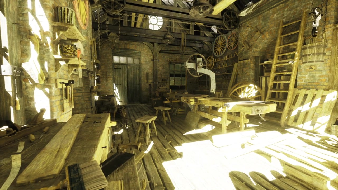 Luce illumina la scena di un laboratorio artigianale attivo e ingombro.
