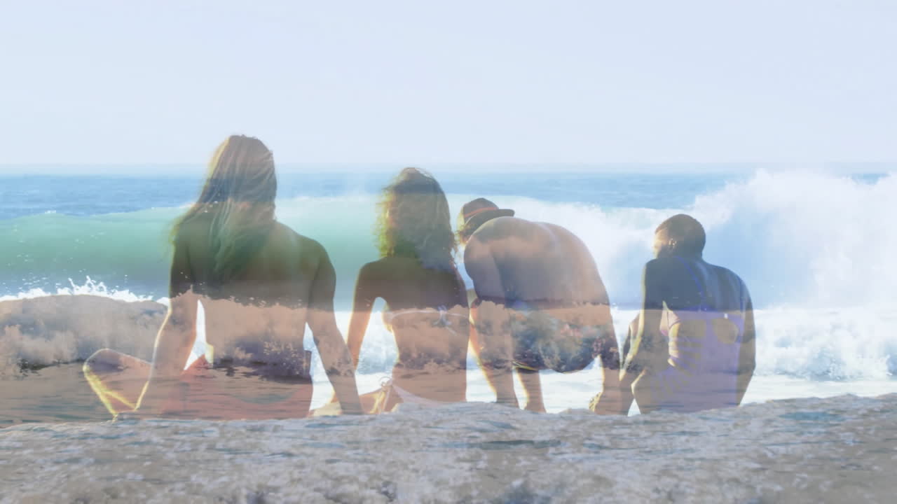 Sitting on beach, people watching ocean waves, enjoying peaceful animation of nature