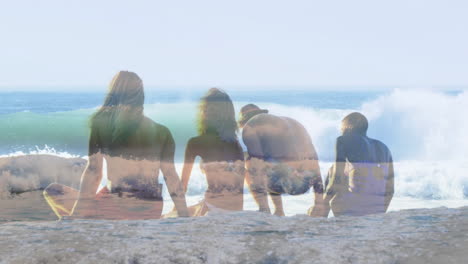 sitting on beach, people watching ocean waves, enjoying peaceful animation of nature