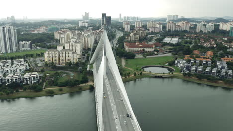 rotating aerial shot of seri wawasan bridge in putrajaya, malaysia