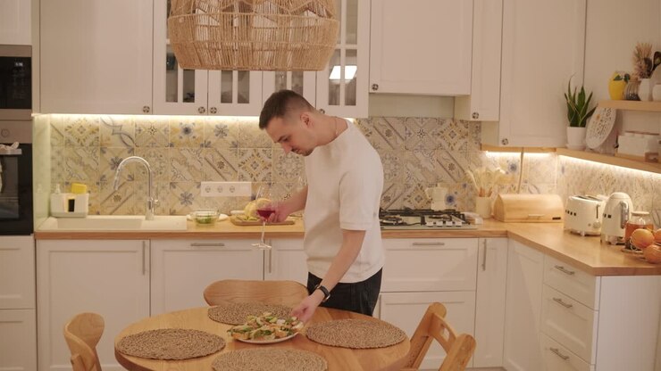 Coppia innamorata che prepara un panino in cucina-soggiorno