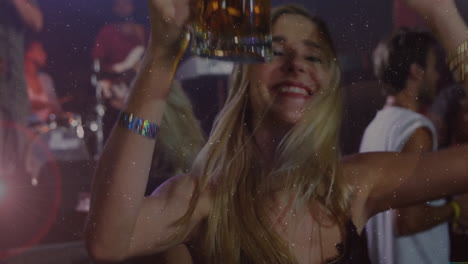 woman dancing and holding beer mug in nightclub, with animated beer bubbles boosting bar marketing