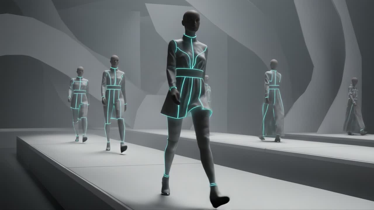 Futuristic Fashion Showcase: Models Dressed in High-Tech Illuminated Garments Walk the Runway Against a Minimalist Backdrop of Curved Structures