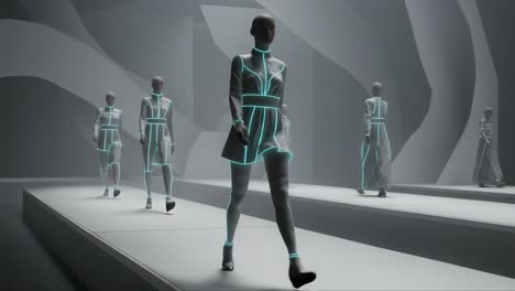 futuristic fashion showcase: models dressed in high-tech illuminated garments walk the runway against a minimalist backdrop of curved structures