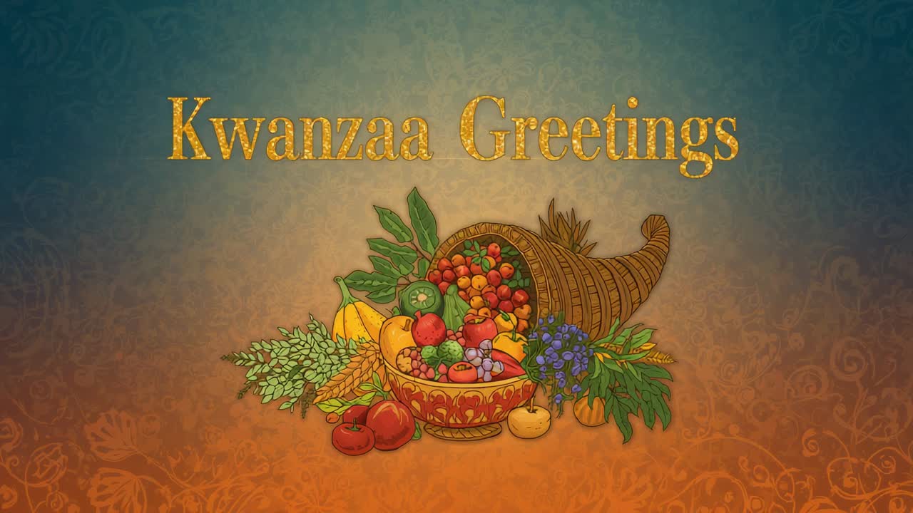 Card graphic animating gold Kwanzaa and cornucopia, third frame adding leaves framing greeting