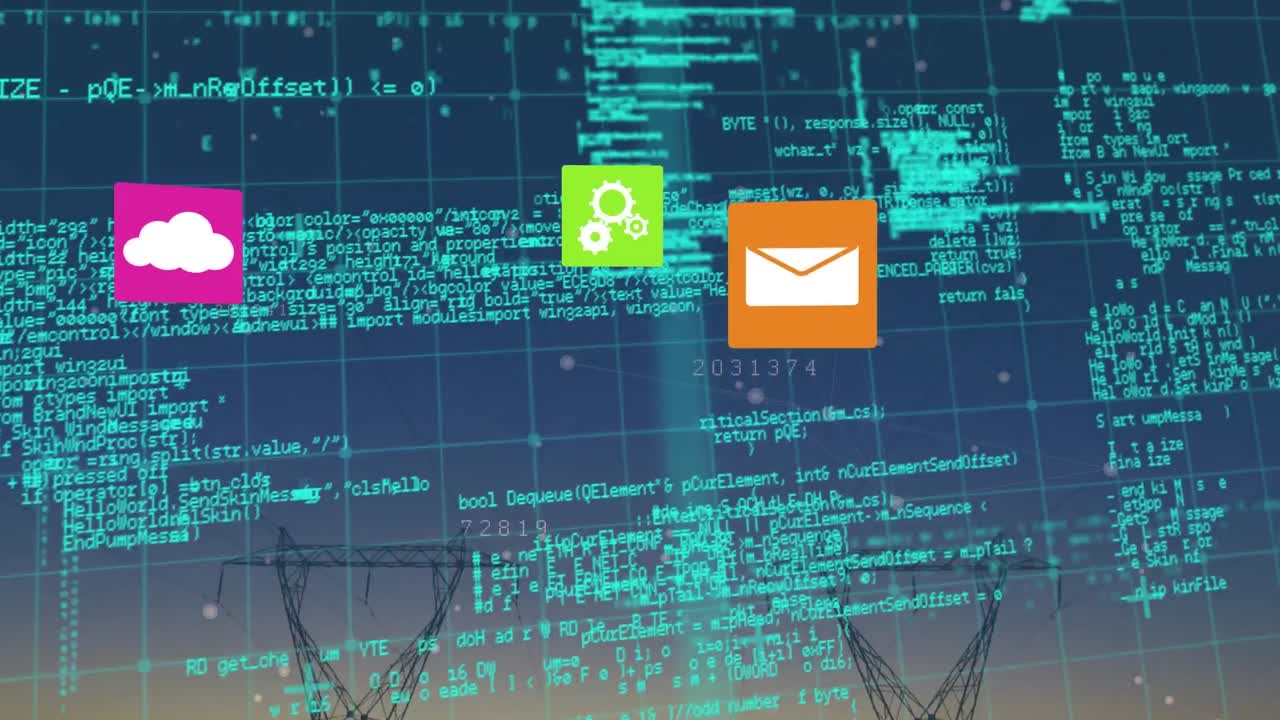 Animation of data processing over media icons and pylons