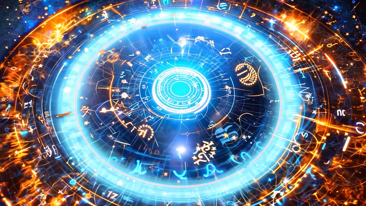 A glowing circle with a lot of numbers and letters on it. It looks like a horoscope