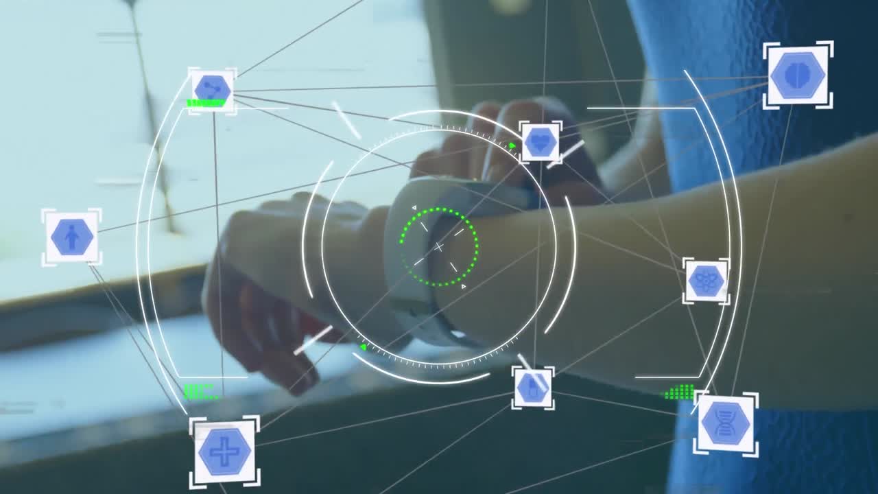 Web of connections icons and scope scanning against woman using smartphone