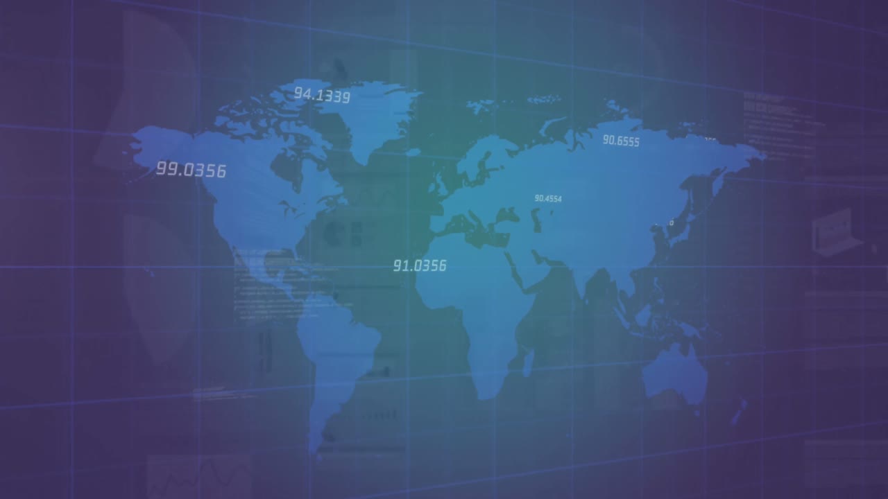 animación de números e interfaz infográfica sobre el patrón de cuadrícula y el mapa contra un fondo azul