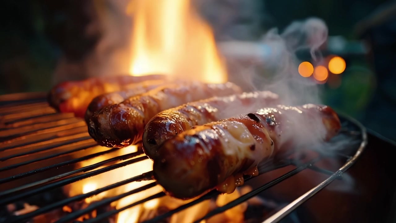 Salsicce deliziosamente grigliate che cuociono su fiamme vive con aroma affumicato, ideali per barbecue estivi e raduni all'aperto, evocando sapori e ricordi gustosi