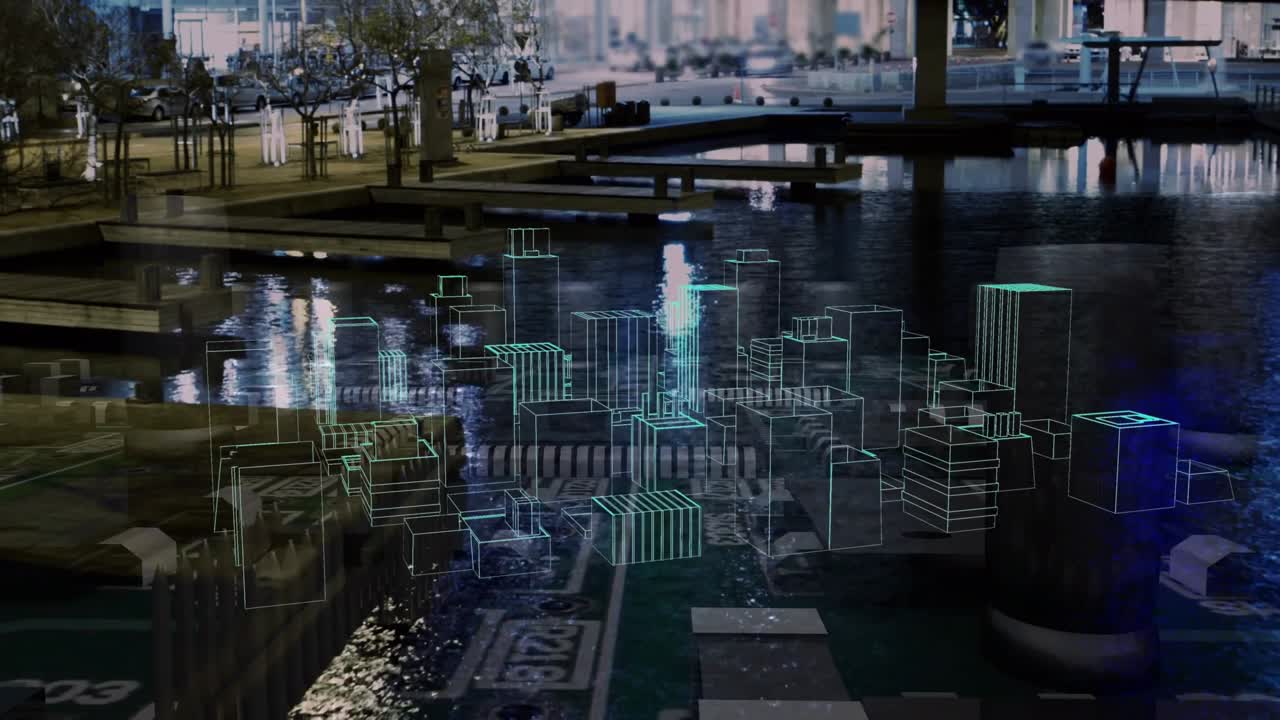 Animation of digital city model over cityscape