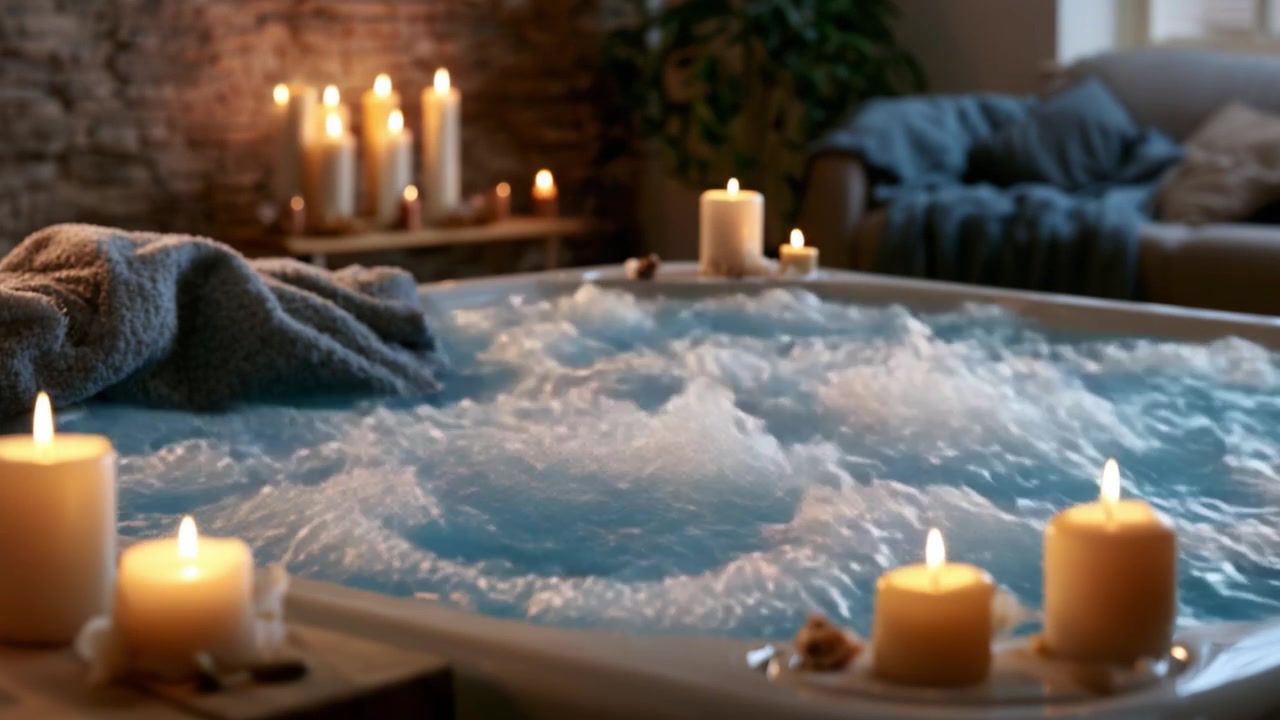 Un'esperienza spa tranquilla: Candele rilassanti e vasca idromassaggio gorgogliante creano un'atmosfera serena per il massimo ringiovanimento e benessere