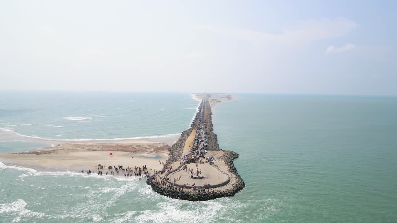 Breathtaking aerial drone shot of Dhanushkodi, featuring the historic last road leading to the edge of India.