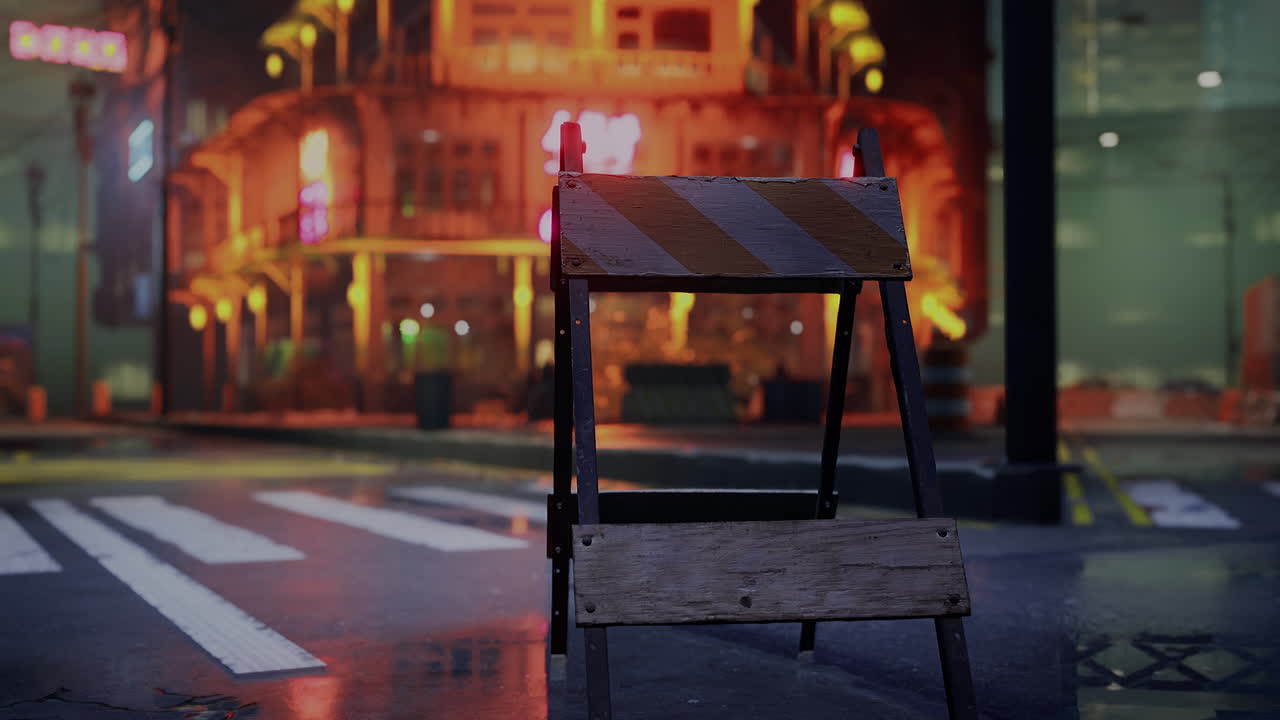 City street construction barrier illuminated by neon lights at night