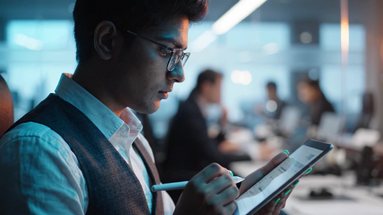 Focused Professional Utilizing Digital Tablet for Work in Modern Office Environment with Colleagues Engaged in Productive Settings and Collaborative Tasks
