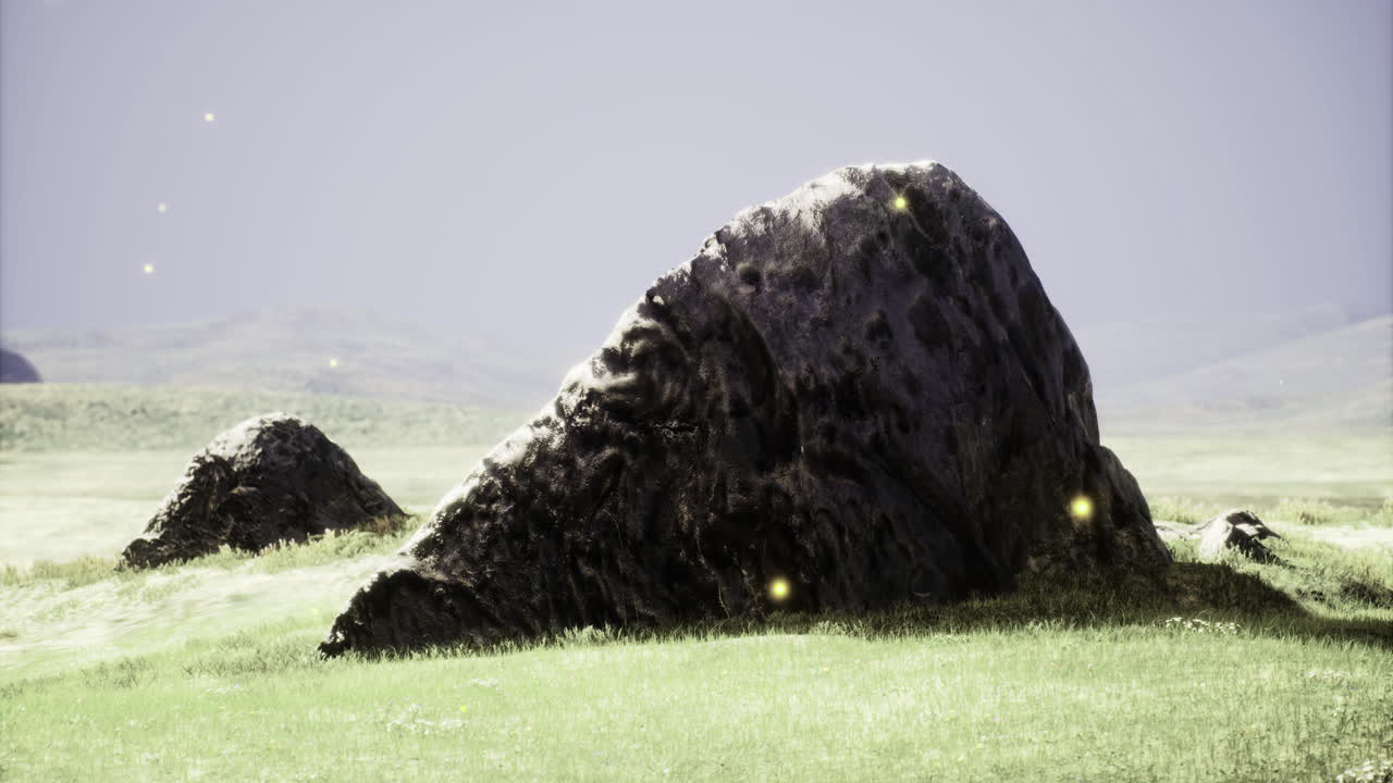 Natures enchanting stone landmark surrounded by twinkling lights at twilight