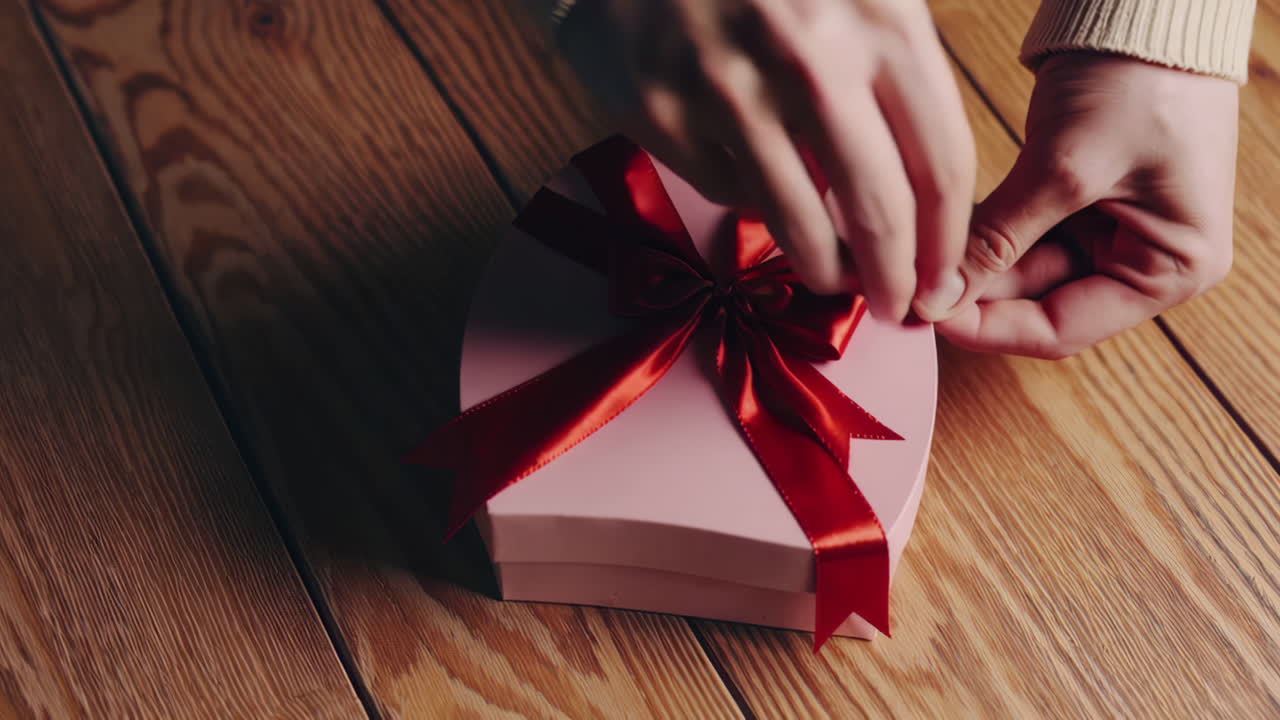 Hands Adjusting Ribbon on Heart-Shaped Gift Box