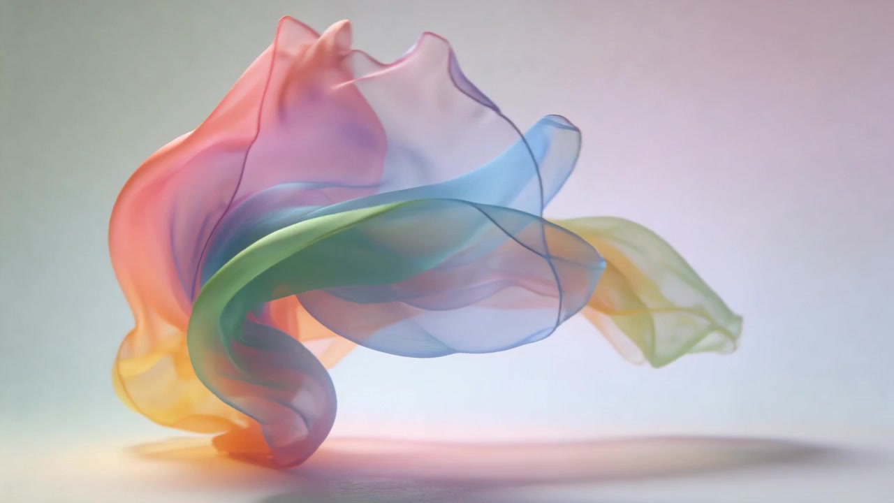 Floating translucent silk-like fabric lifting and rotating in studio, casting soft shadow