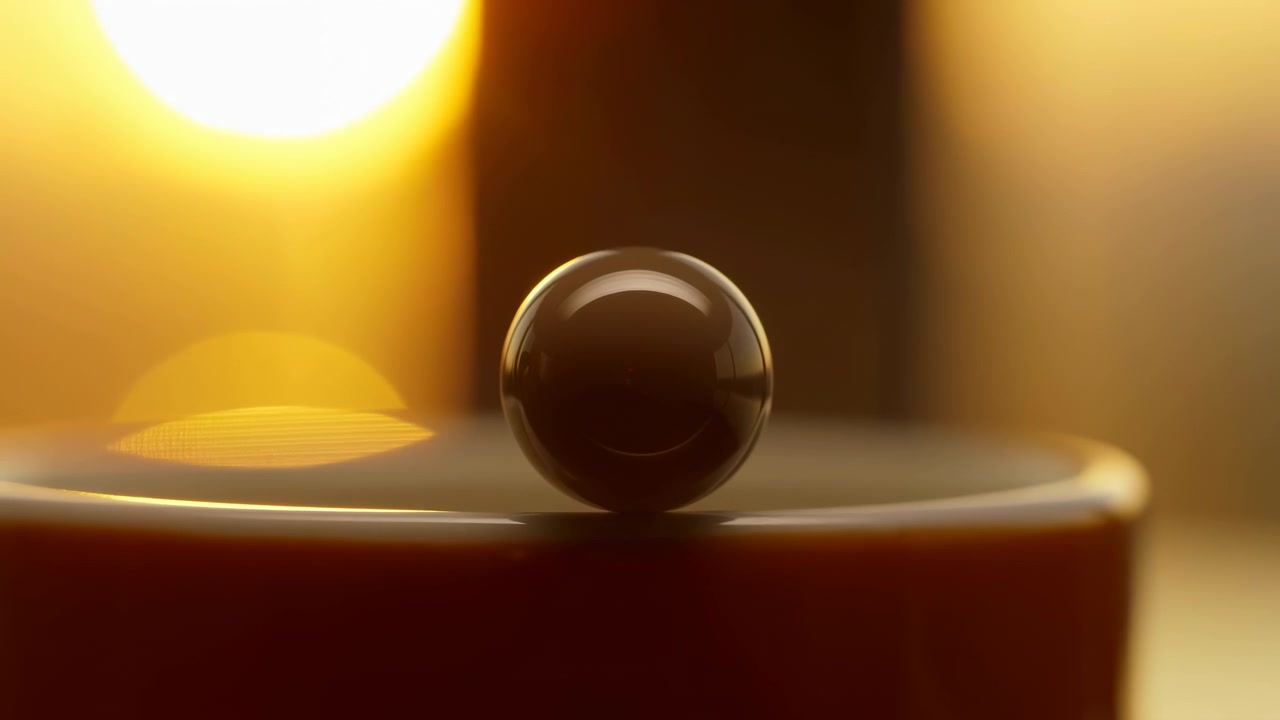 Esfera escura brilhante repousando na borda de uma xícara de cerâmica, mostrada em close-up com luz de fundo quente, arco reflexivo pronunciado, bokeh suave, superfície lisa, reflexos sutis e um clima calmo e elegante