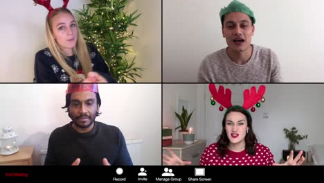 4 way split screen christmas group video call amongst friends playing charades