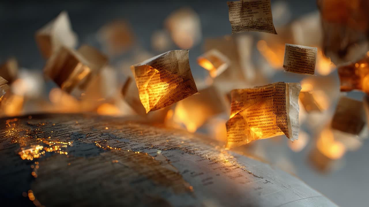 Luminous pieces of old paper with text floating over a vintage globe with glowing city lights. Magical and mysterious animation representing the spread of information, knowledge, and literature