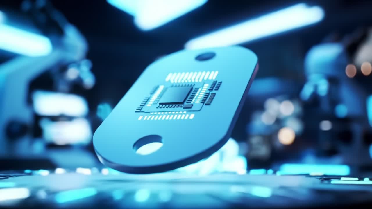 An Advanced Microchip Elevating Above a High-Tech Surface with a Futuristic Glow, Symbolizing the Cutting-Edge of Technology and Innovation in Electronics Industry