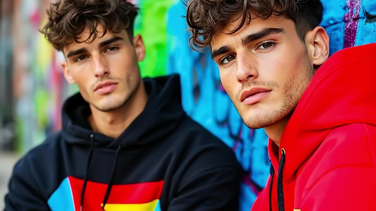 Two young men in colorful hoodies