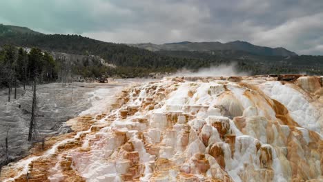 mamut vista aérea de aguas termales de montaña y prados, parque nacional de yellowstone