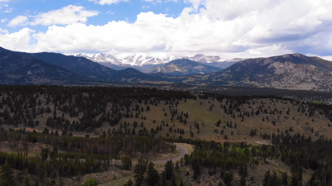 Aerial shot of the Estes Park in Colorado with snowed mountains in the background